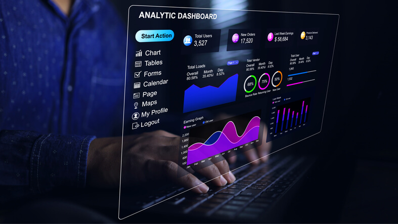 Person using an advanced analytic dashboard with graphs, charts, and user metrics, illustrating data analysis skills taught in a digital marketing diploma program.