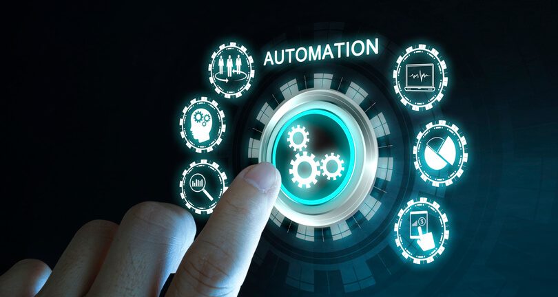 A hand touches a futuristic digital interface with a glowing gear icon at the centre, surrounded by automation-related symbols. The high-tech visual represents process automation, digital transformation, efficiency, and technology integration in modern business operations.
