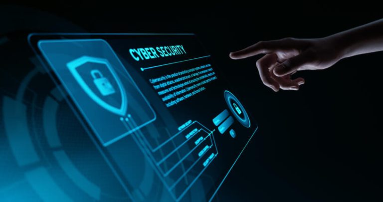 A hand interacts with a futuristic digital interface displaying cybersecurity information and security icons.