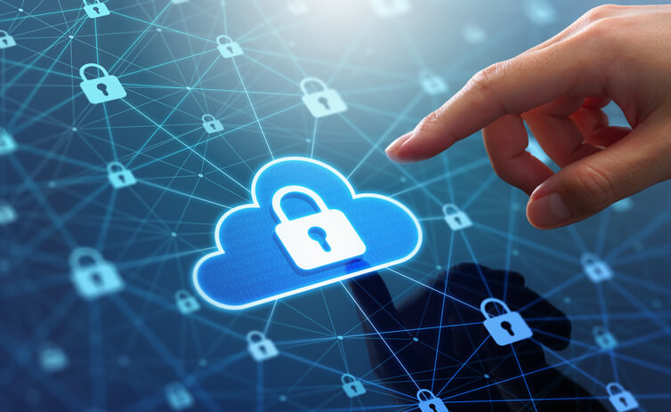 A hand touching a secure cloud icon representing cybersecurity skills in cloud protection