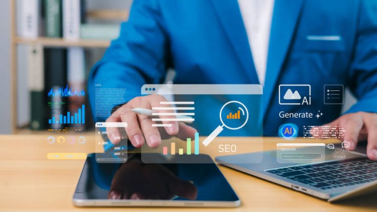 A digital marketing professional analysing how machine learning helps SEO using data tools