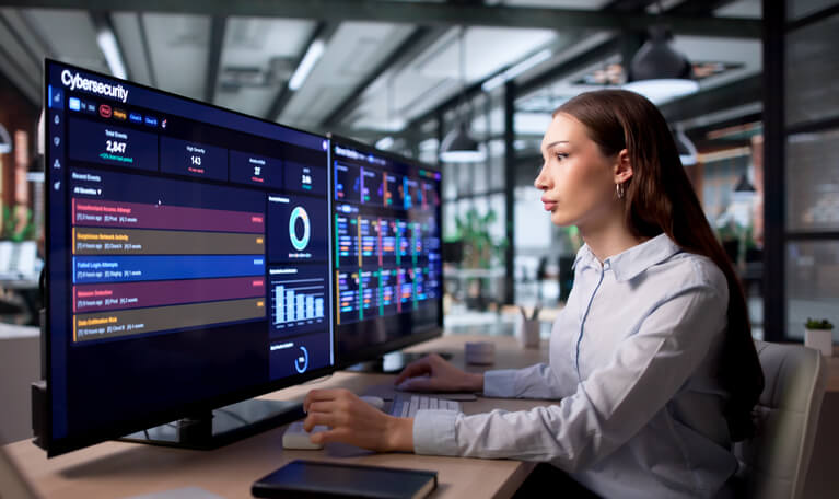 Cybersecurity analyst monitoring network security alerts in a Vancouver office