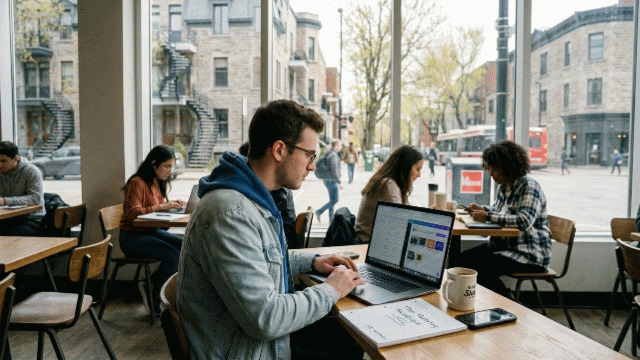 Étudiant en marketing numérique travaillant sur un ordinateur à Montréal