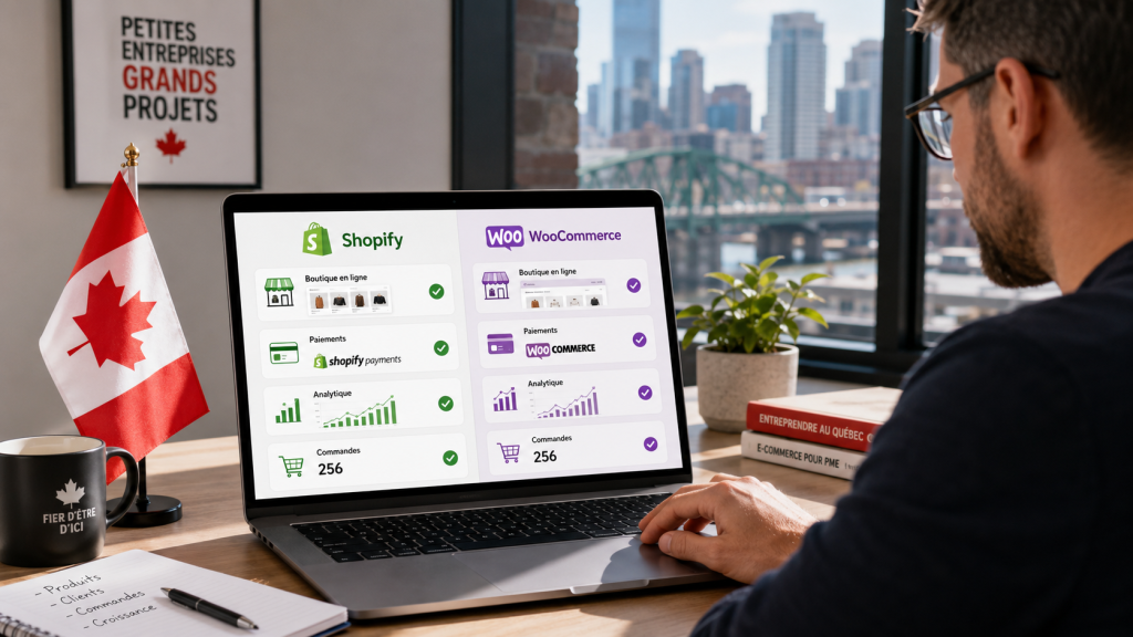 Comparatif Shopify vs WooCommerce sur un ordinateur.