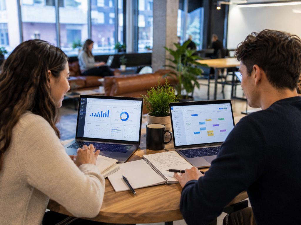 Étudiant suivant une formation en marketing numérique à Montréal avec un tableau de bord d’analyse affiché sur son ordinateur.