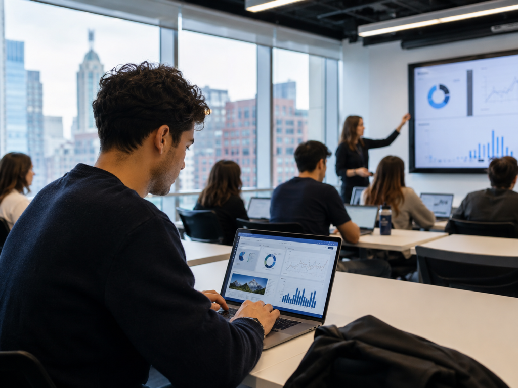 Étudiants collaborant sur une stratégie de marketing numérique à Montréal avec des outils d’analyse et de planification de contenu.