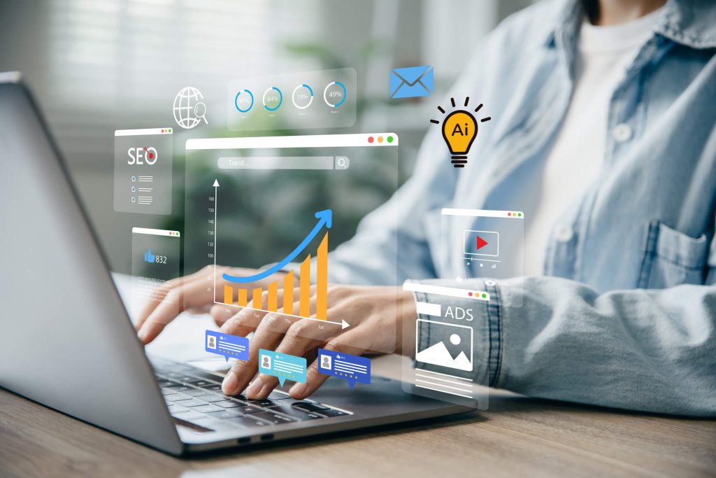 Digital marketing student using AI marketing tools to plan an online campaign