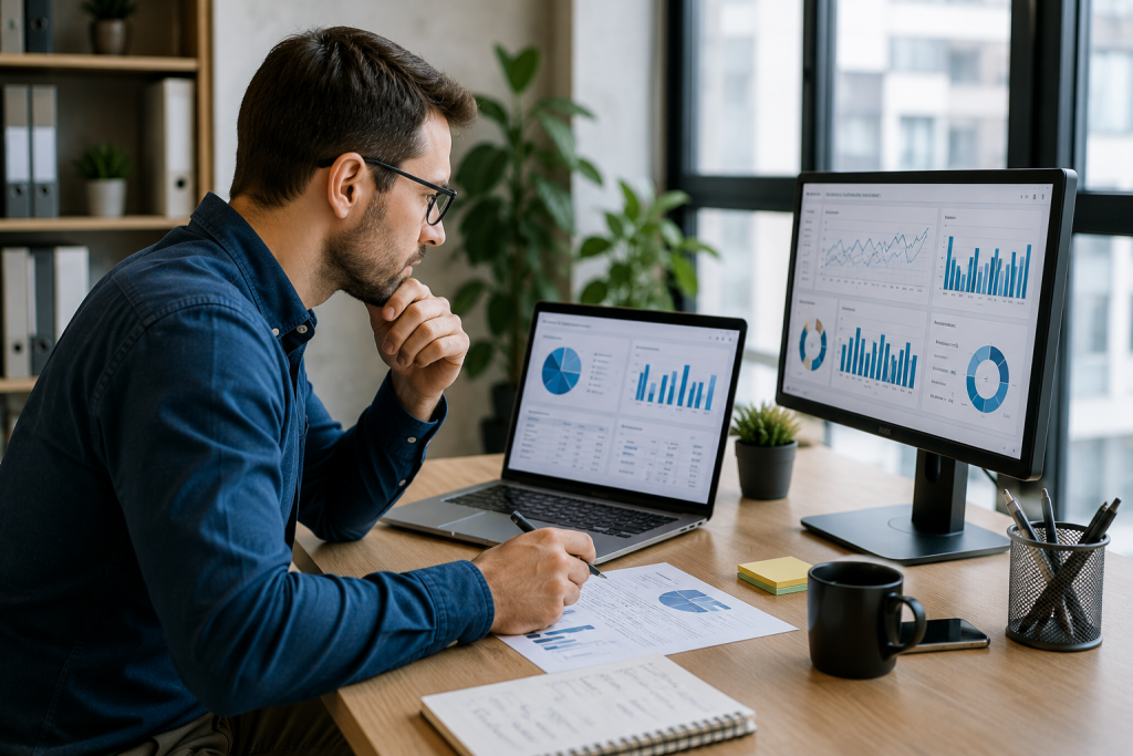 Professionnel utilisant des graphiques et des indicateurs pour améliorer l’analyse de données dans une entreprise.