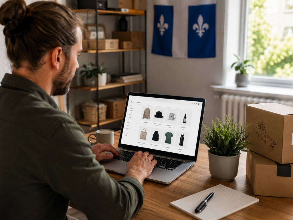 Entrepreneure québécoise gérant son commerce en ligne sur un ordinateur dans un bureau à domicile.