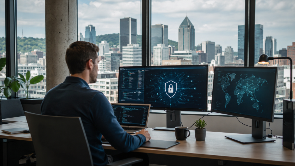 Professionnel suivant une formation en cybersécurité devant des écrans de sécurité informatique avec vue sur Montréal.