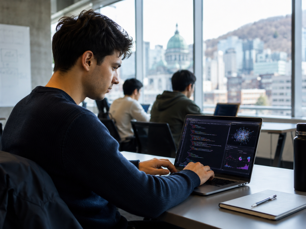 Étudiant suivant une formation intelligence artificielle au Québec avec du code et des données affichés sur son ordinateur.