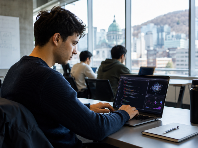 Étudiant suivant une formation intelligence artificielle au Québec avec du code et des données affichés sur son ordinateur.