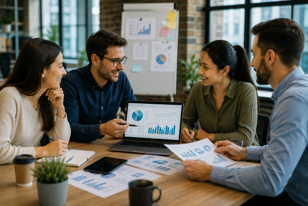Équipe de PME discutant de données, d’IA et d’automatisation des processus dans le cadre d’une transformation numérique.
