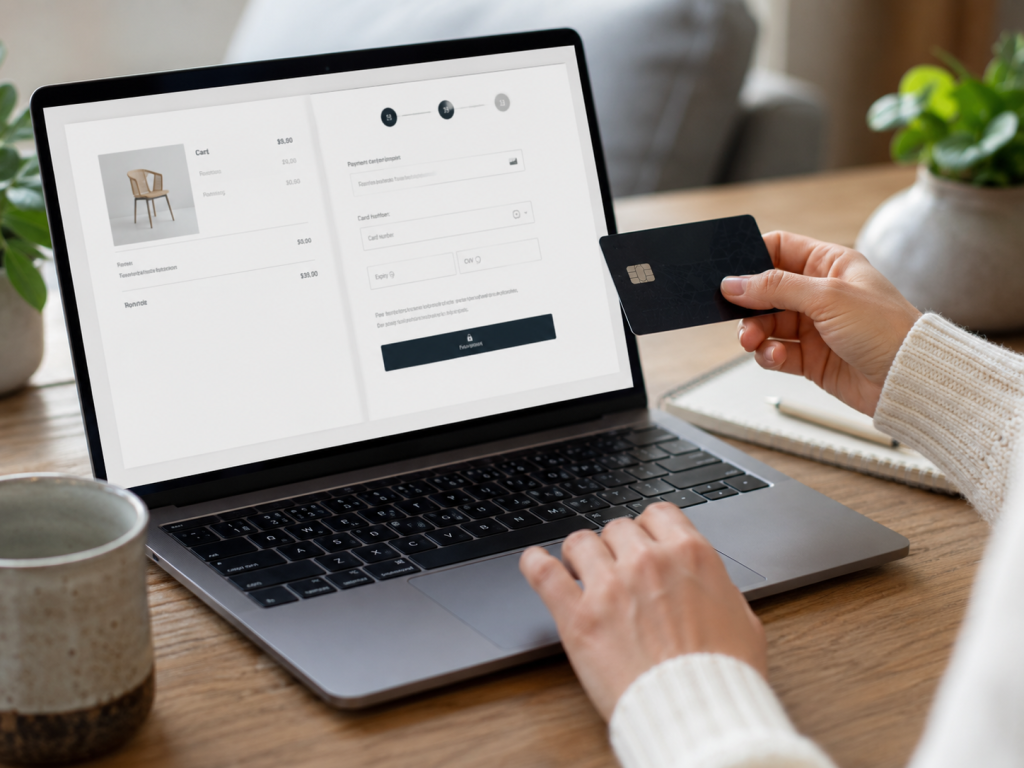 Client effectuant un paiement en ligne sécurisé par carte de crédit sur une boutique numérique.