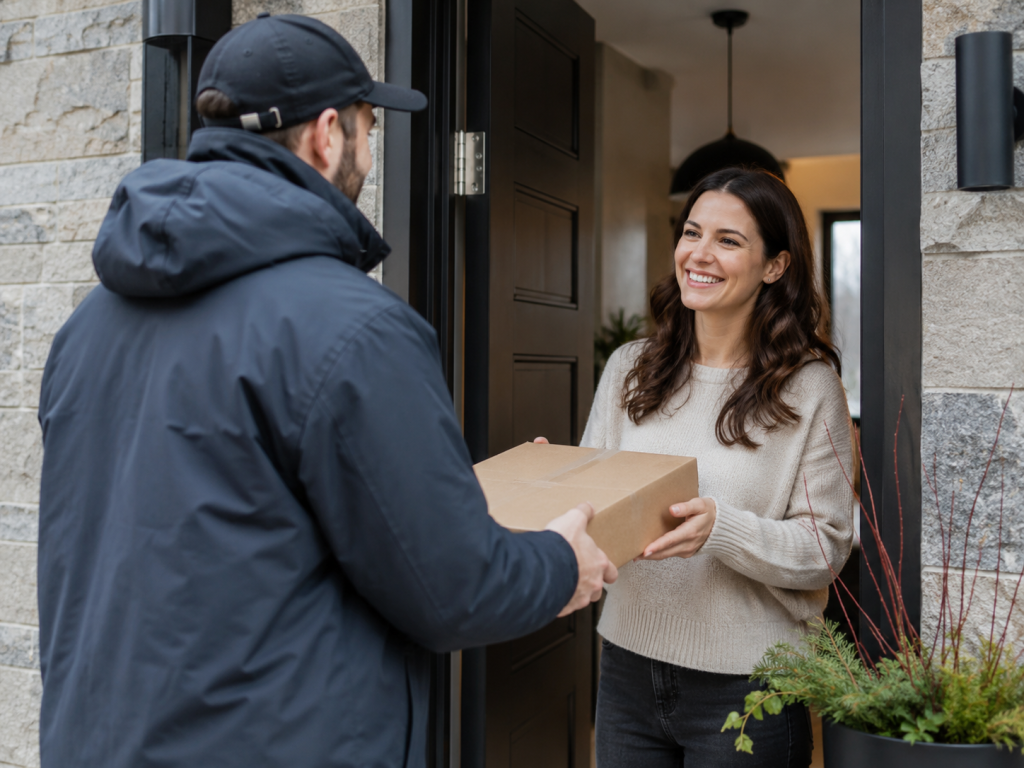 Cliente recevant une commande issue d’une boutique en ligne Québec lors d’une livraison à domicile.