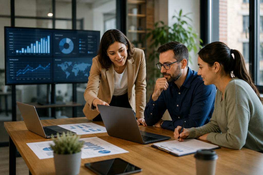 Gestionnaires analysant un tableau de bord pour soutenir la transformation numérique d’une PME québécoise.