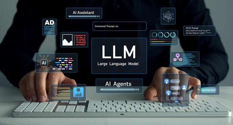 Une personne utilise un clavier devant plusieurs interfaces numériques transparentes consacrées à l’intelligence artificielle, notamment un grand modèle de langage, des agents IA, des commandes et des outils génératifs.