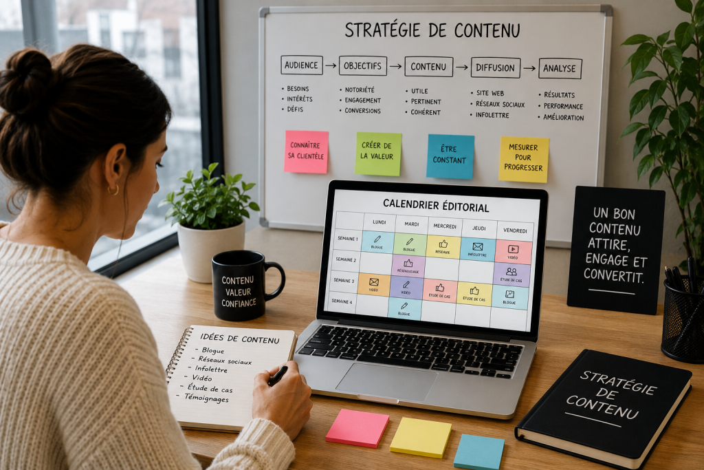 Professionnelle analysant les résultats d’une campagne de marketing de contenu sur les réseaux sociaux.