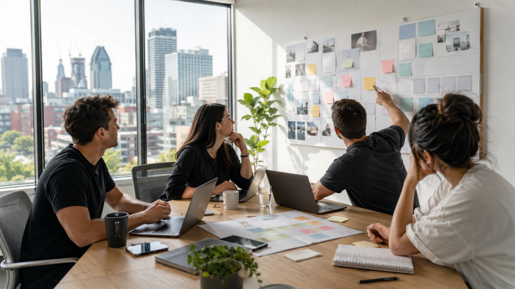 Équipe marketing travaillant sur un calendrier éditorial et des idées de création de contenu.