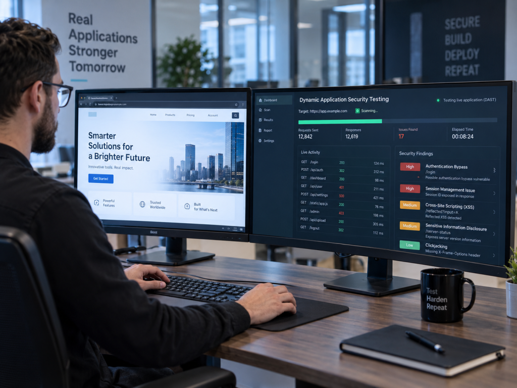 Professionnel en cybersécurité utilisant un outil DAST pour tester une application Web en fonctionnement