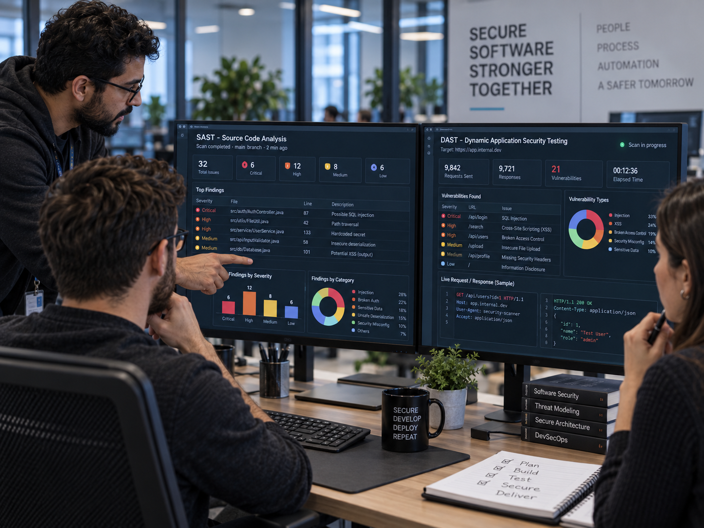 Équipe DevSecOps comparant les résultats de tests SAST et DAST dans un environnement de développement sécurisé
