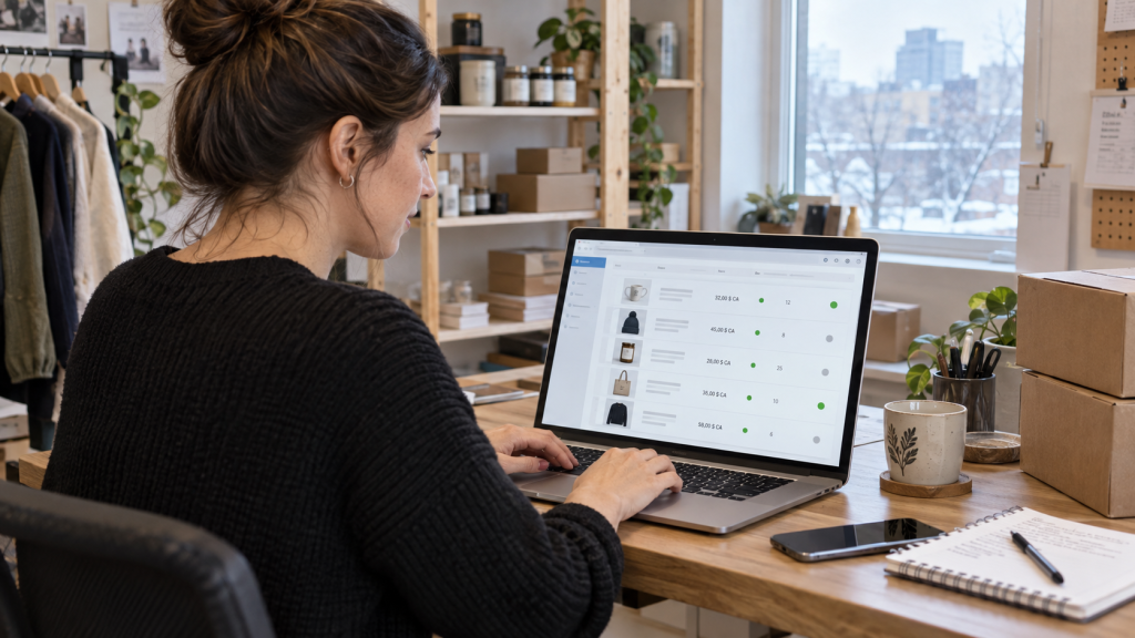 Propriétaire d’une boutique québécoise configurant ses produits dans Google Merchant Center