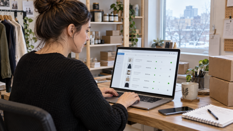 Propriétaire d’une boutique québécoise configurant ses produits dans Google Merchant Center